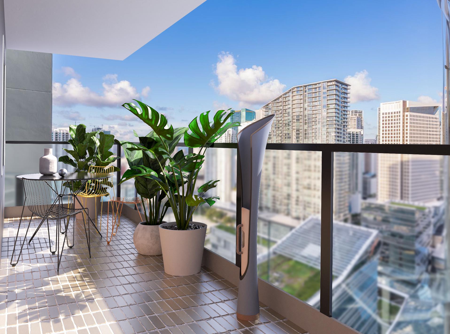 RainBloom standing on a sunny high-rise balcony beside potted plants
