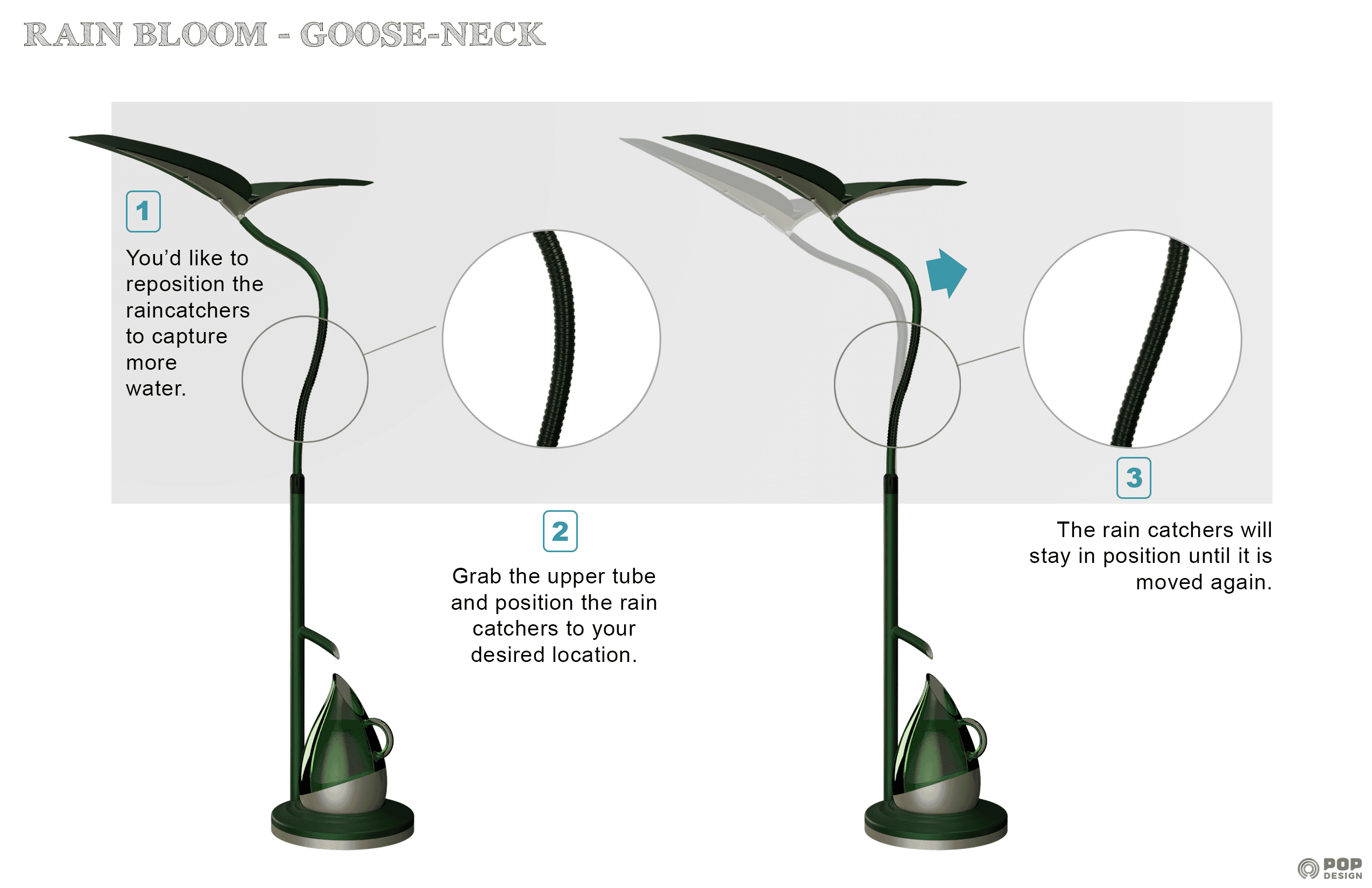 RainBloom Ultra gooseneck: reposition the rain catchers to capture more water