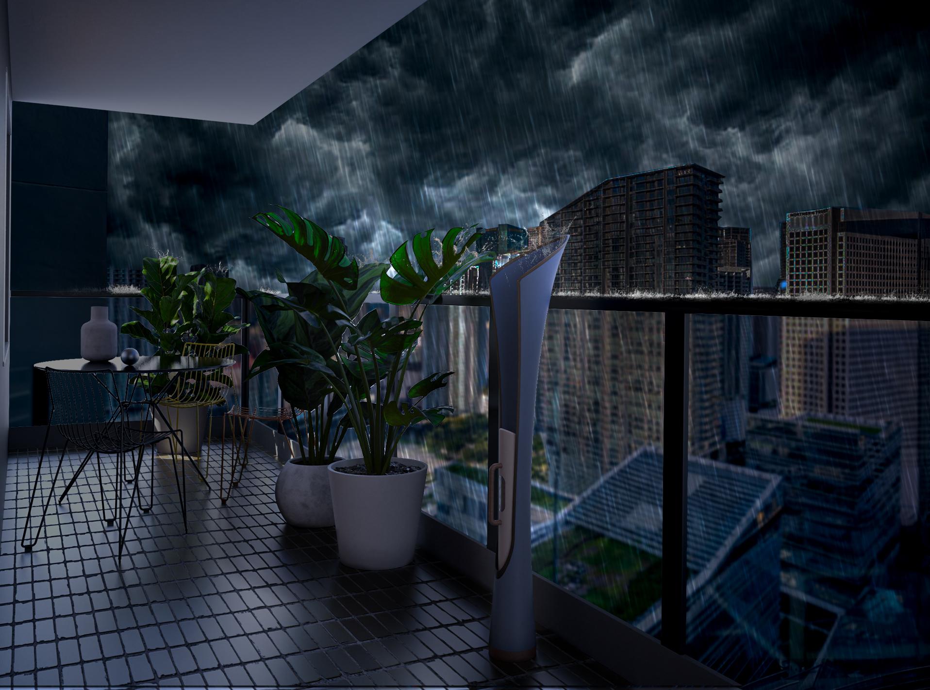 RainBloom collecting rainwater on a balcony during a storm