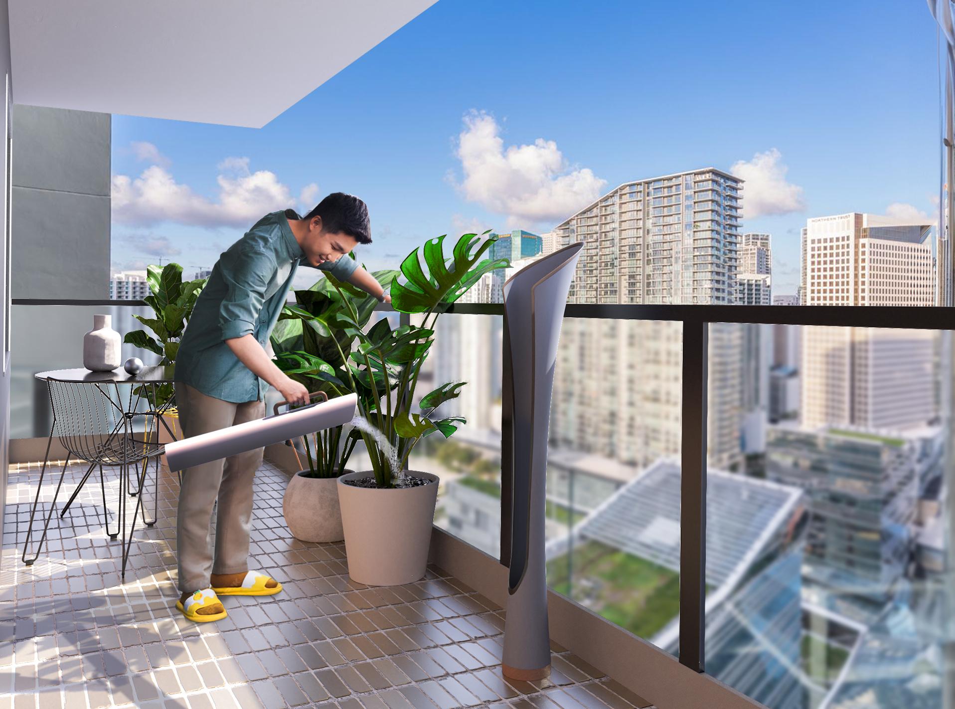 Watering balcony plants with water collected in the RainBloom