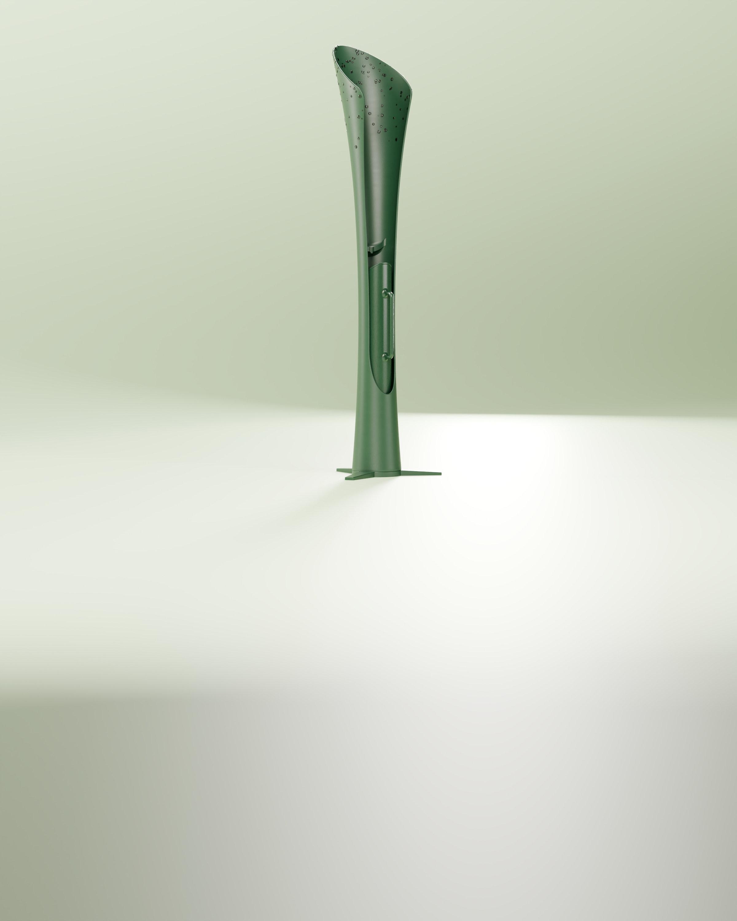 The RainBloom rainwater collector, with raindrops on its funnel