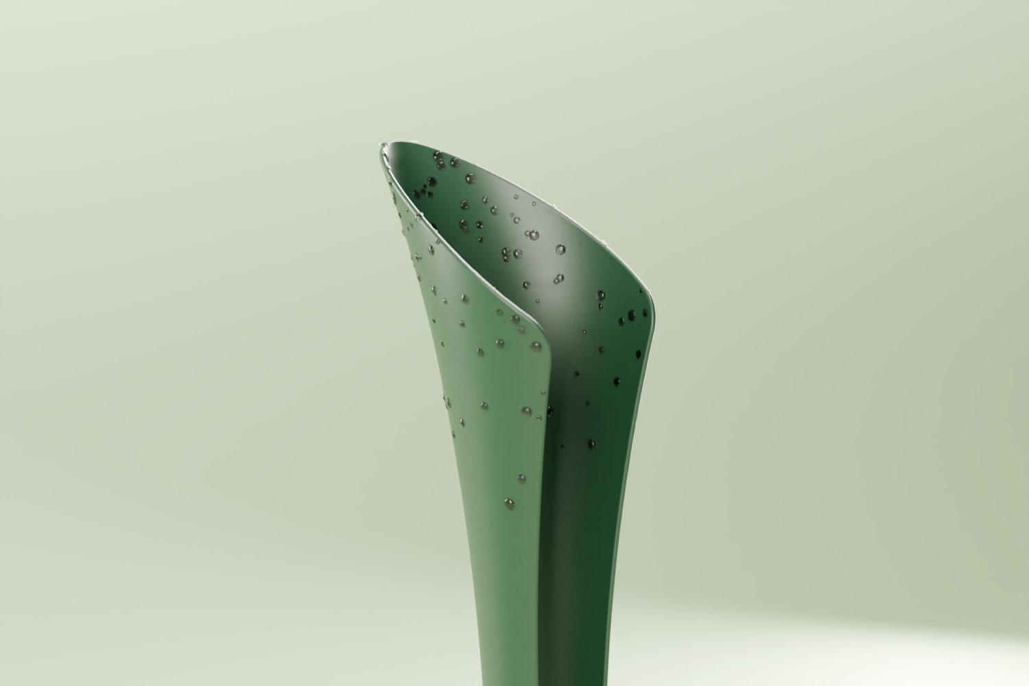 Close-up of the RainBloom funnel lip beaded with raindrops