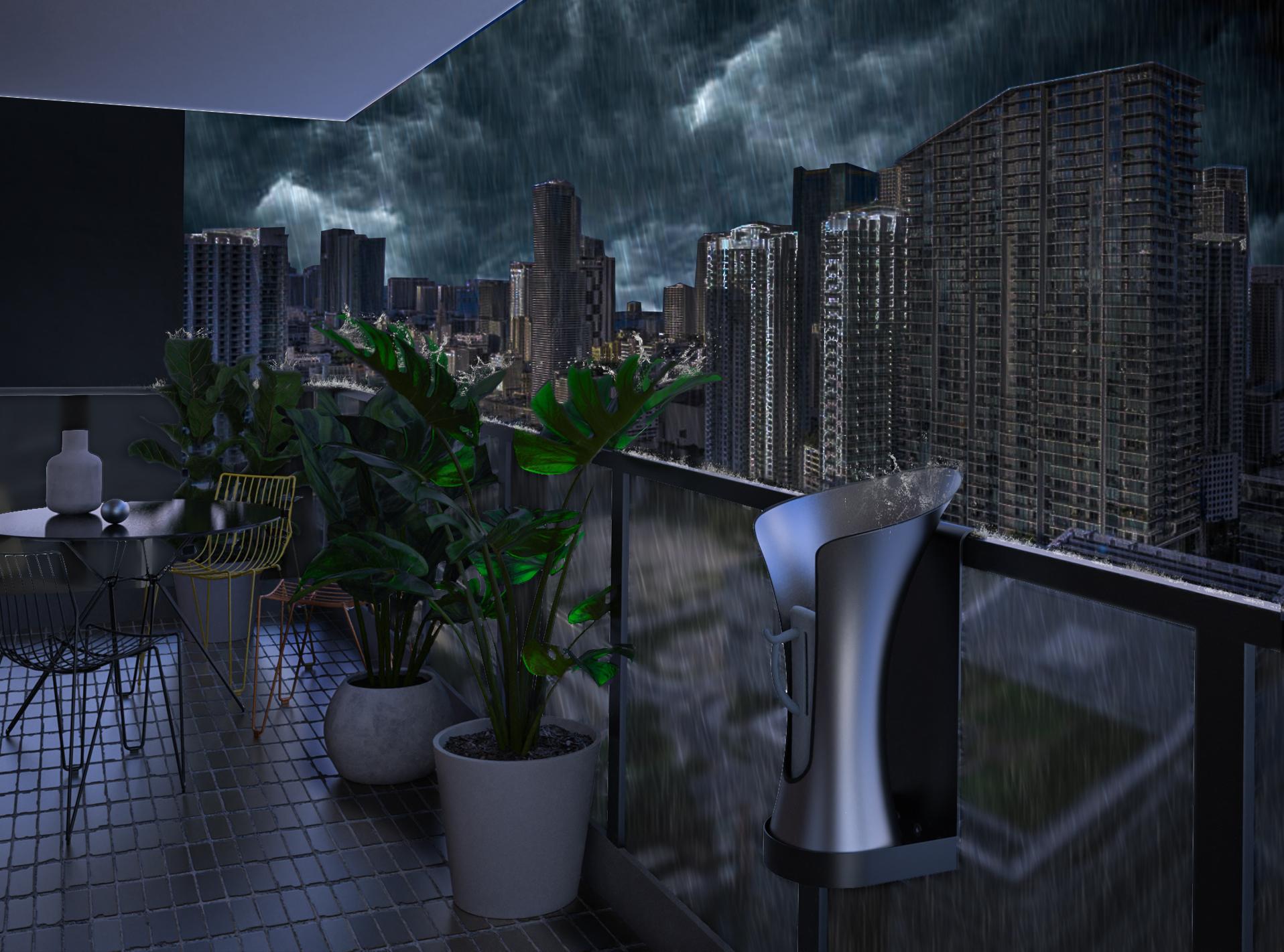 RainBloom Mini collecting rainwater on a balcony railing during a storm