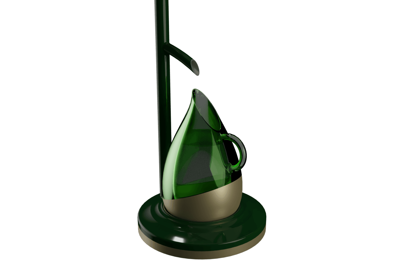 The RainBloom Ultra teardrop pitcher nested in its weighted base